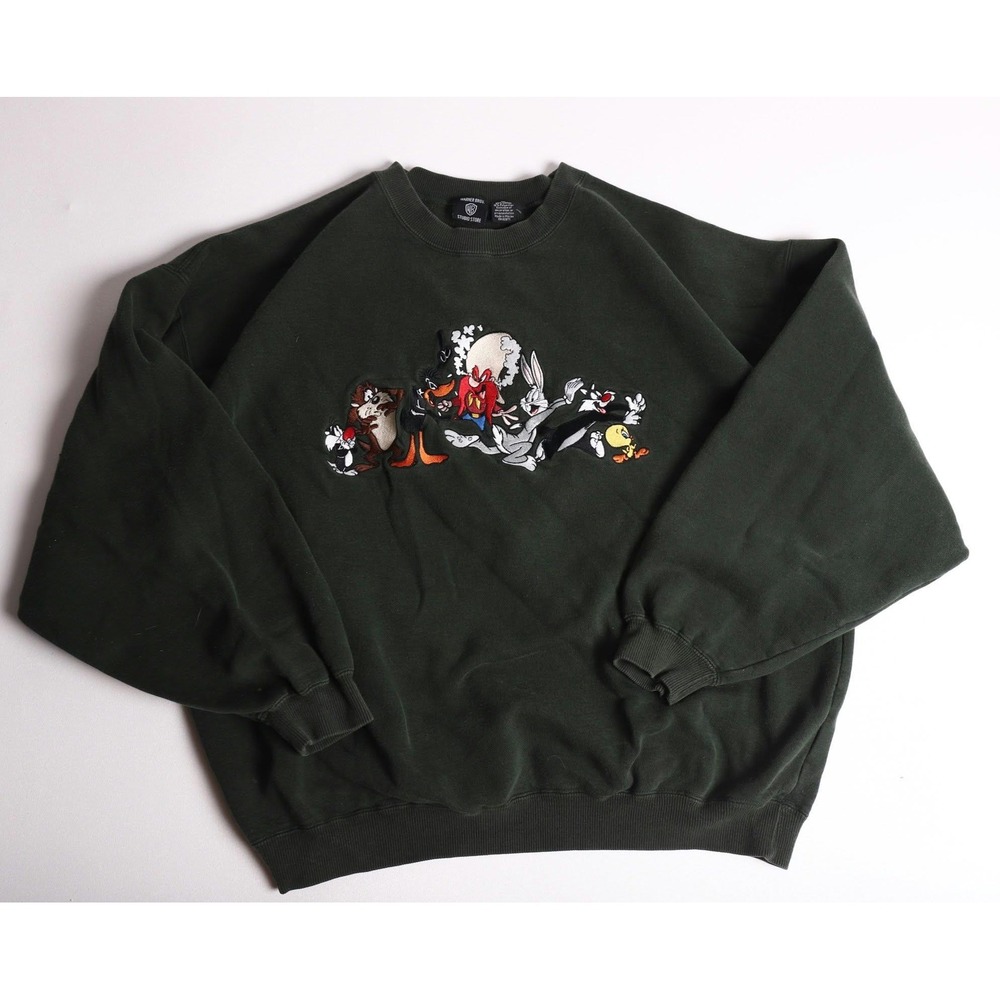 Vintage Warner Bros Studio Store Looney Tunes Embroidered Sweatshirt Green XL